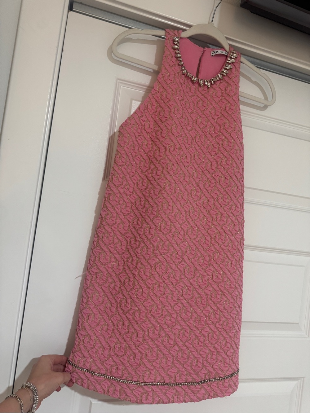 Zara Pink Textured Jewel-Neck Shift Dress
